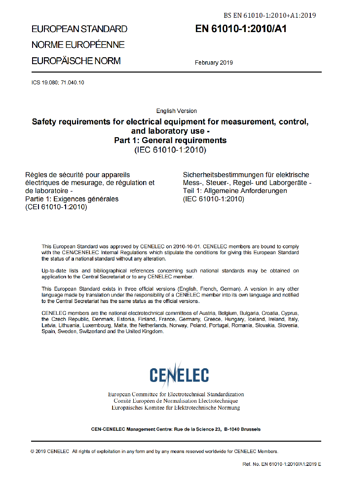 EN 61010-1:2010+A1:2019測量,控制及實驗室用電氣設備的安全要求優選部分.通用要求