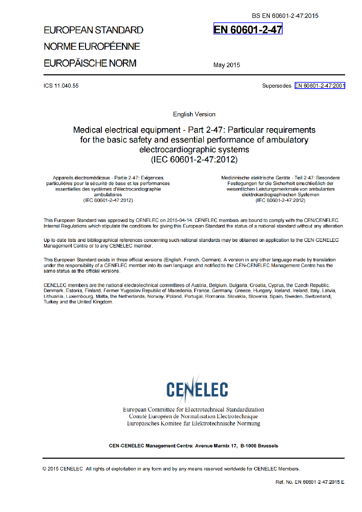 EN 60601-2-47:2015醫用電氣設備 第2-47部分：動態心電圖系統的基本安全和基本性能專用要求