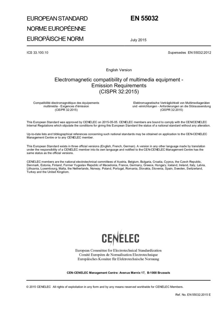 EN 55032:2015 多媒體設備的電磁兼容性 發射要求